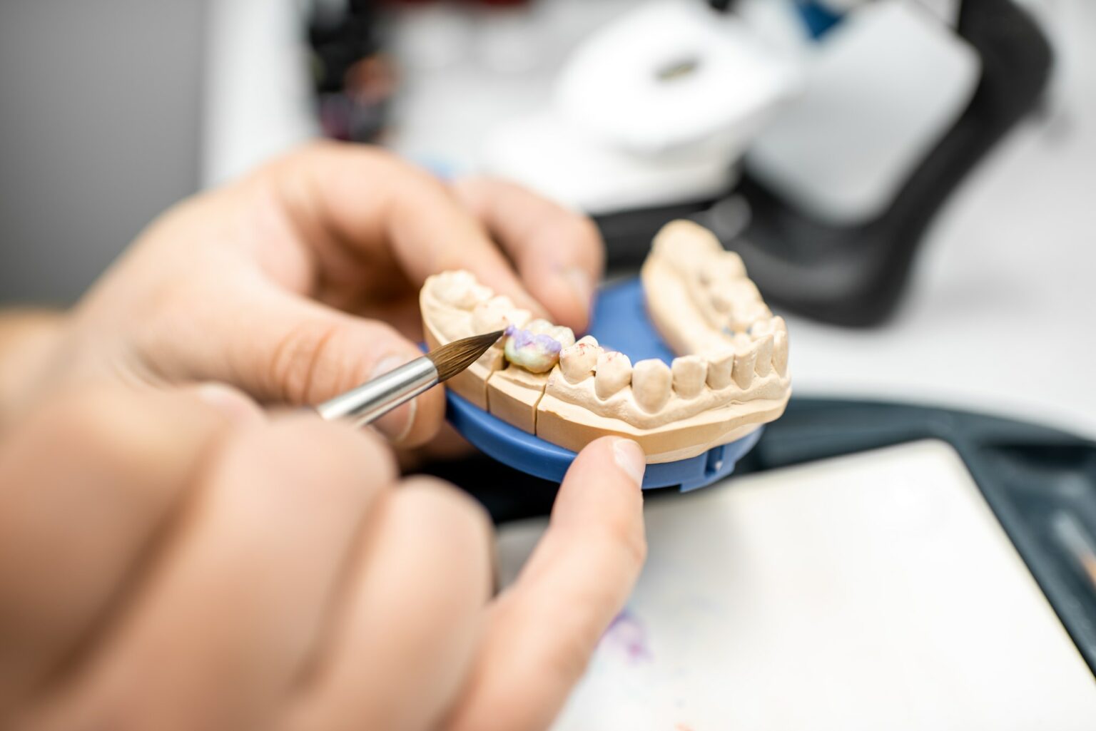 Dental technician coloring dental prosthesis